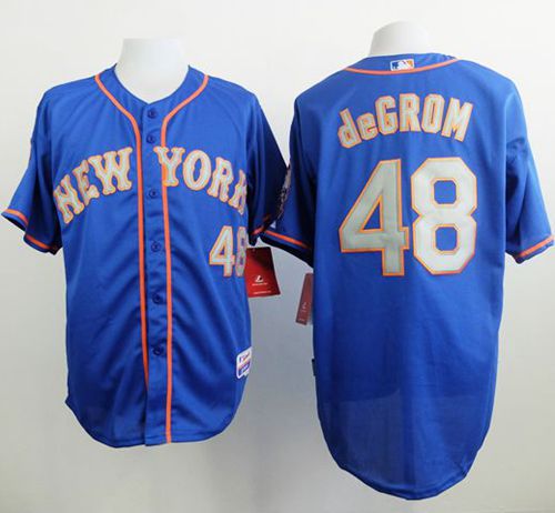 Mets #48 Jacob DeGrom Blue(Grey NO.) Alternate Road Cool Base Stitched MLB Jersey - Click Image to Close